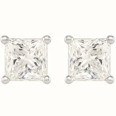 Pair of white gold princess cut diamond stud earrings on a white background